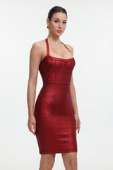 Halter Metallic Bandage Dress - Dark Red