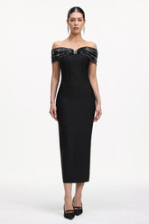 Lilya Elegant Contour Off Shoulder Rhinestone Bandage Maxi Dress