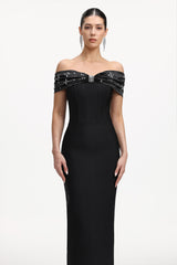 Lilya Elegant Contour Off Shoulder Rhinestone Bandage Maxi Dress