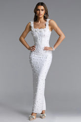 Shea Elegant Contour Square Neck Floral Pearl Bandage Maxi Dress