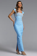 Vafa Glamorous Contour Square Neck Pearl Rhinestone Bandage Maxi Dress