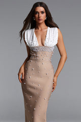 Lizzy Glamorous Contour Pearl Bandage Maxi Dress