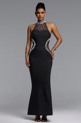 Samala Classic Contour Halter Pearl Bandage Maxi Dress