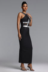 Oyata Chic Contour Halter Sequin Bandage Maxi Dress
