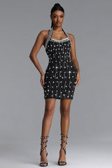 Manik Glamorous Contour Halter Rhinestone Bandage Black Mini Dress