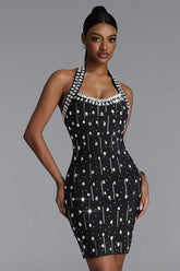 Manik Glamorous Contour Halter Rhinestone Bandage Black Mini Dress