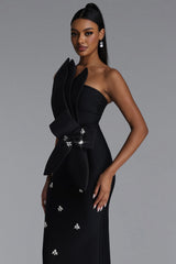 Ohney Chic Contour Strapless Asymmetric Rhinestone Black Bandage Maxi Dress