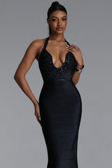 Renata Sexy Halter U Neck Crystal Bandage Maxi Dress
