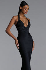 Renata Sexy Halter U Neck Crystal Bandage Maxi Dress