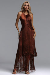 Taye Classic Contour Halter Fringe Bandage Red Maxi Dress