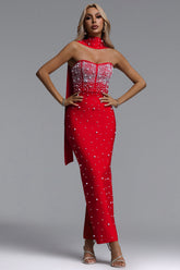 Dierea Glamorous Contour Strapless Pearl Bandage Red Maxi Dress