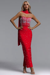 Dierea Glamorous Contour Strapless Pearl Bandage Red Maxi Dress