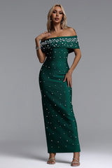 Isme Elegant Contour Off Shoulder Pearl Rhinestone Bandage Green Maxi Dress