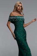 Isme Elegant Contour Off Shoulder Pearl Rhinestone Bandage Green Maxi Dress