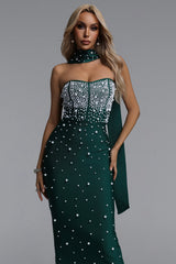 Dierea Glamorous Contour Strapless Pearl Bandage Green Maxi Dress