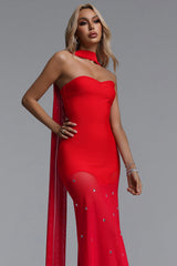 Zenobia Classic Contour Strapless Rhinestone Bandage Mesh Red Maxi Dress