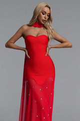 Zenobia Classic Contour Strapless Rhinestone Bandage Mesh Red Maxi Dress