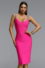 Eleni Chic Contour Rhinestone Fringe Strap Bandage Midi Dress