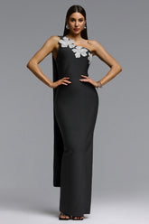 Fritia Elegant Contour One Shoulder Rhinestone Floral Bandage Maxi Dress