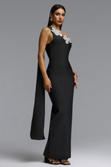 Fritia Elegant Contour One Shoulder Rhinestone Floral Bandage Maxi Dress