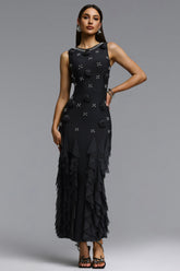 Ogaka Chic Contour Rhinestone Floral Bandage Black Maxi Dress