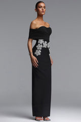 Zavala Elegant Contour Off Shoulder Sheer Floral Bandage Black Maxi Dress