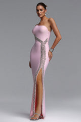 Stolen Chic Contour One Shoulder Crystal Embellished Slit Bandage Maxi Dress