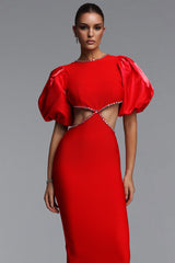 Waner Romantic Contour Puff Sleeve Cut Out Rhinestone Bandage Maxi Dress