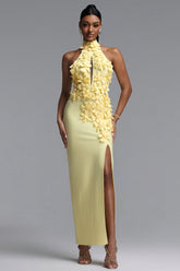 Miriam Chic Contour Halter Cut Out High Slit Floral Bandage Yellow Maxi Dress