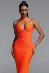Wagani Sexy Contour Halter Deep V Bandage Maxi Dress