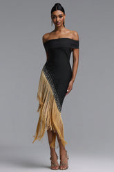 Tata Chic Contour Off Shoulder Gold Fringe Bandage Maxi Dress