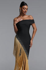 Tata Chic Contour Off Shoulder Gold Fringe Bandage Maxi Dress