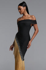 Tata Chic Contour Off Shoulder Gold Fringe Bandage Maxi Dress