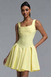 Wynter Elegant Contour Wide Strap Square Neck Pleated Skater Bandage Mini Dress
