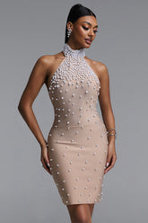 Riela Sexy Fitted High Neck Halter Pearl Embellished Bandge Mini Dress