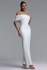 Isme Elegant Contour Off Shoulder Pearl Rhinestone Bandage White Maxi Dress