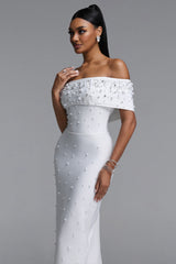 Isme Elegant Contour Off Shoulder Pearl Rhinestone Bandage White Maxi Dress
