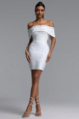 Lucki Elegant Contour Off-Shoulder Pearl Embellished Bodycon Bandage Mini Dress