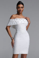 Lucki Elegant Contour Off-Shoulder Pearl Embellished Bodycon Bandage Mini Dress