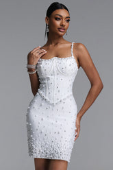 Majrela Gorgeous Fitted Spaghetti Strap Pearl Beaded Corset Bandage Mini Dress