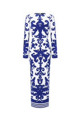 Round Neck Long Sleeve Jacquard Bandage Maxi Dress