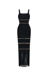 Shanley Chic Contour Sleeveless Beaded Fringe Black Bandage Maxi Dress