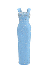 Vafa Glamorous Contour Square Neck Pearl Rhinestone Bandage Maxi Dress