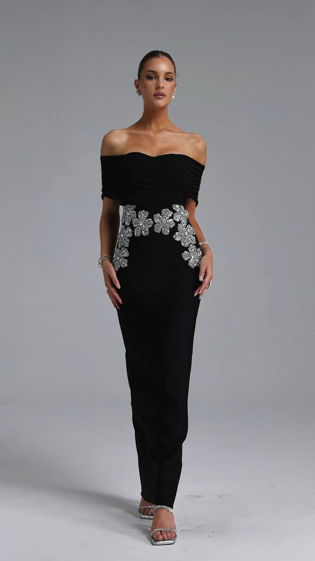 Zavala Elegant Contour Off Shoulder Sheer Floral Bandage Black Maxi Dress