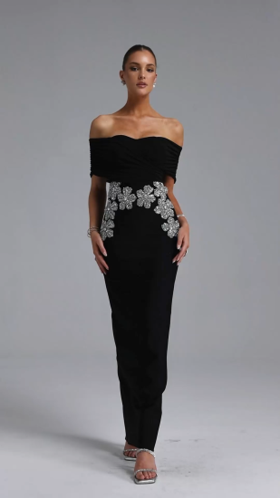 Zavala Elegant Contour Off Shoulder Sheer Floral Bandage Black Maxi Dress