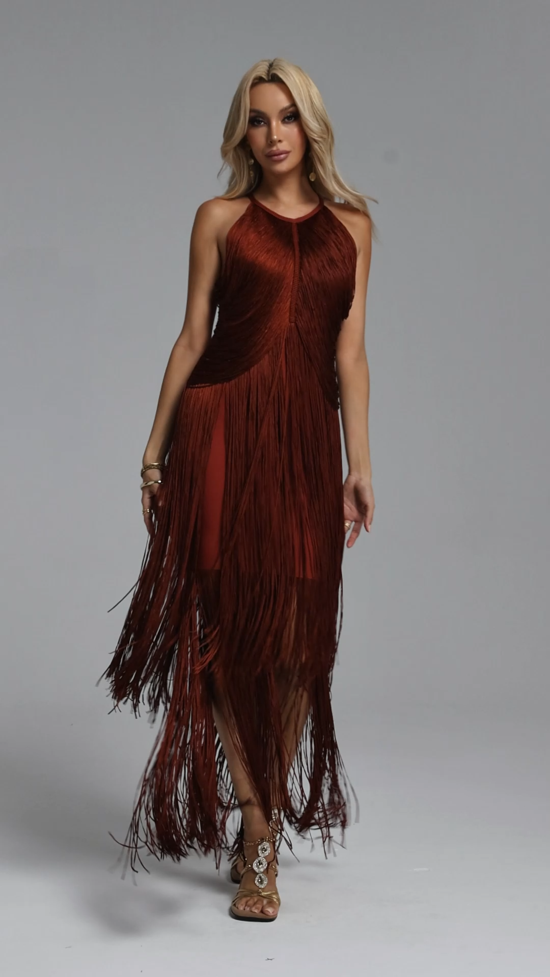 Taye Classic Contour Halter Fringe Bandage Red Maxi Dress