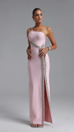 Stolen Chic Contour One Shoulder Crystal Embellished Slit Bandage Maxi Dress