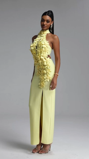 Miriam Chic Contour Halter Cut Out High Slit Floral Bandage Yellow Maxi Dress