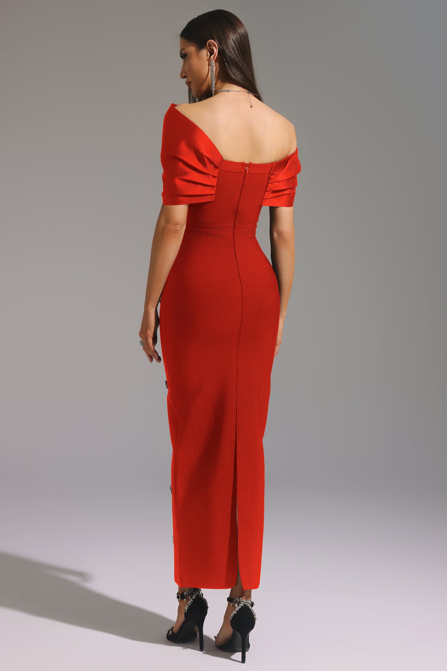 Palez Sleeveless One Shoulder Diamond Bow Bandage Maxi Dress