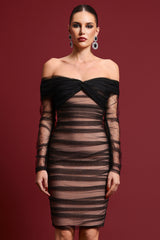 Gracie Sexy Contour Off Shoulder Ruched Mesh Bandage Midi Dress